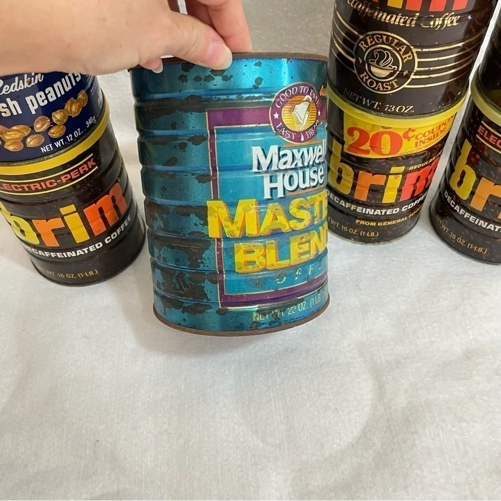 Vintage coffee cans from the 70s Brim, Maxwell House, Planters Peanuts 7 pieces